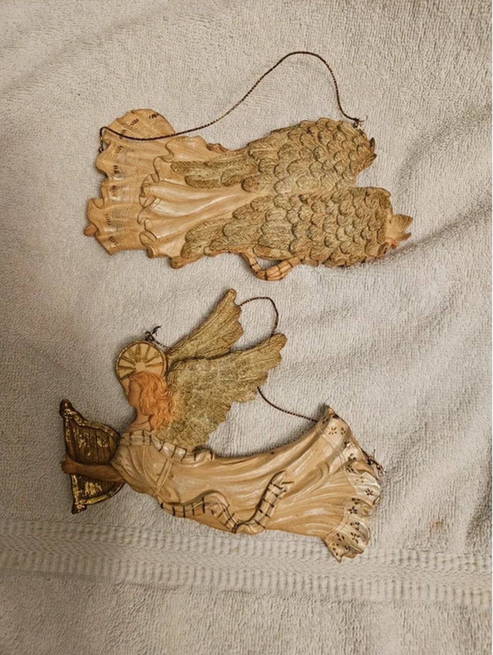 Vintage Angel Ornaments Lot 2 Fairy Whimsical Double Sided Gold Harp 6" VTG